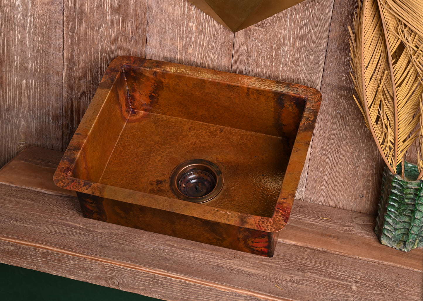 Unlacquered Solid Copper Kitchen Sink – Large Hand-Hammered Rectangular Basin (Drain Included)