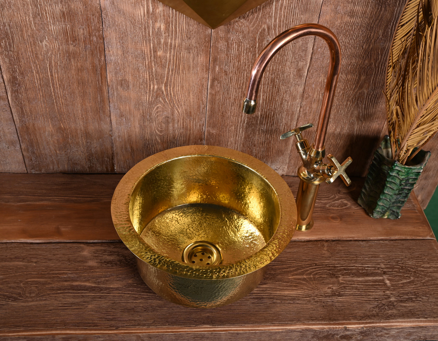Hand-Hammered Round Brass Sink – Unlacquered Bar Basin with Drain