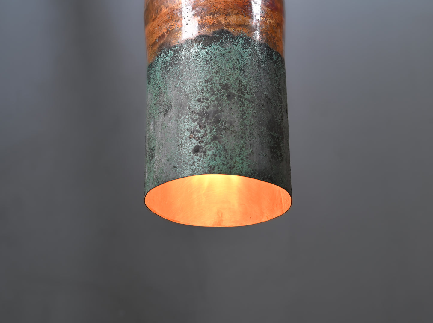 Copper Cylinder Pendant Light with Green Patina Top – Handmade Rustic Ceiling Lamp