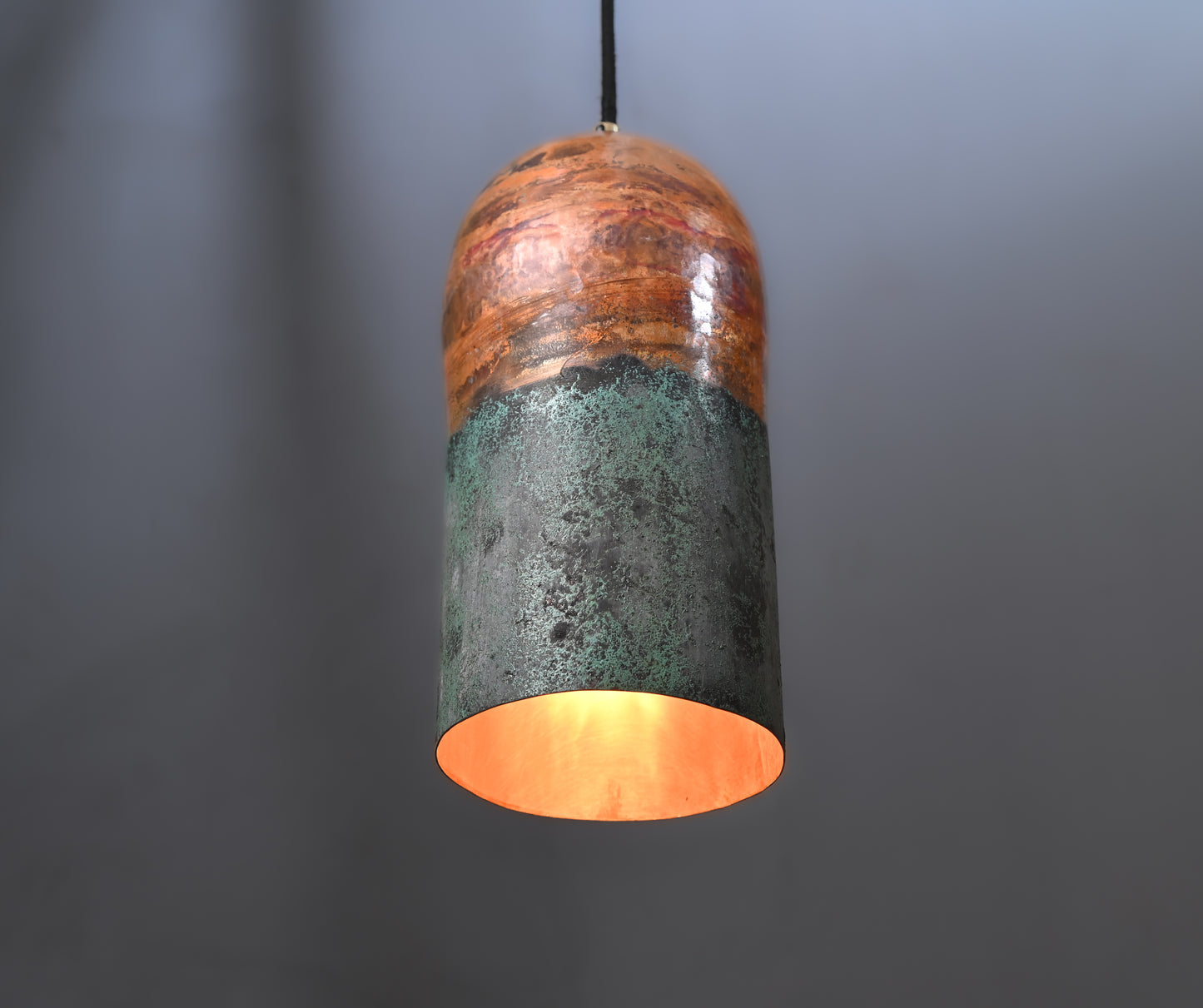 Copper Cylinder Pendant Light with Green Patina Top – Handmade Rustic Ceiling Lamp