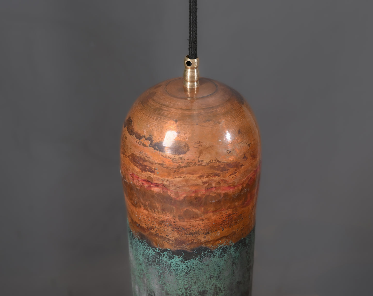 Copper Cylinder Pendant Light with Green Patina Top – Handmade Rustic Ceiling Lamp