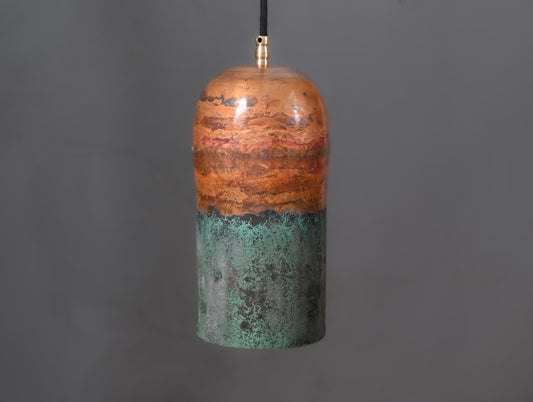 Copper Cylinder Pendant Light with Green Patina Top – Handmade Rustic Ceiling Lamp
