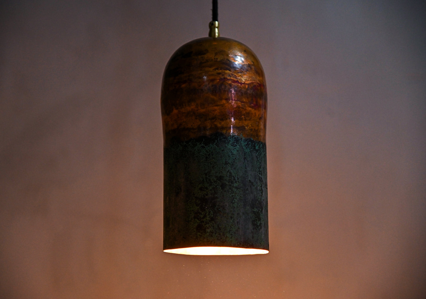 Copper Cylinder Pendant Light with Green Patina Top – Handmade Rustic Ceiling Lamp