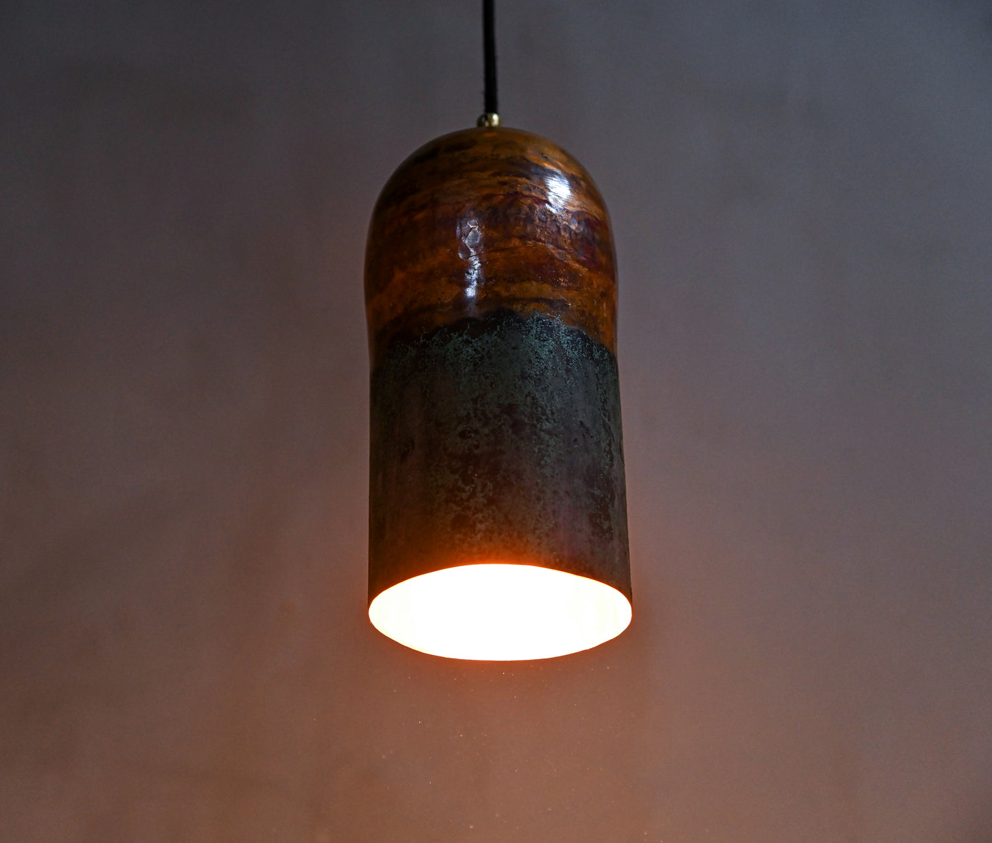 Copper Cylinder Pendant Light with Green Patina Top – Handmade Rustic Ceiling Lamp