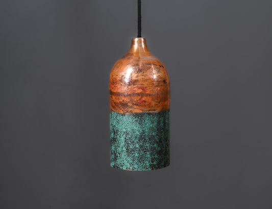 Half Green & Copper Cylinder Pendant Light – Oxidized Patina Finish – Rustic Handmade Ceiling Lamp
