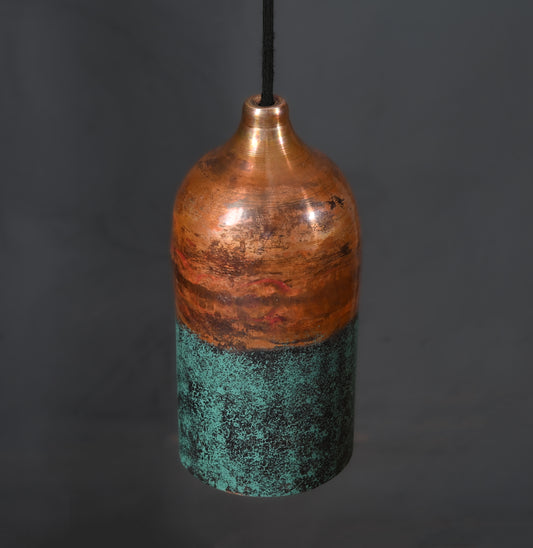 Half Green & Copper Cylinder Pendant Light – Oxidized Patina Finish – Rustic Handmade Ceiling Lamp