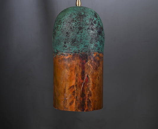 Copper Pendant Light with Green Patina Top – Handmade Rustic Ceiling Lamp