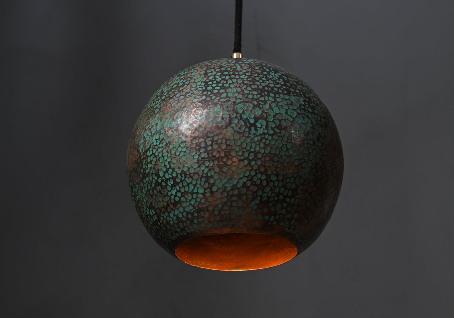 Verdigris Green Copper Ball Pendant Light – Patinated Oxidized Globe Lamp – Rustic Kitchen Island Lighting