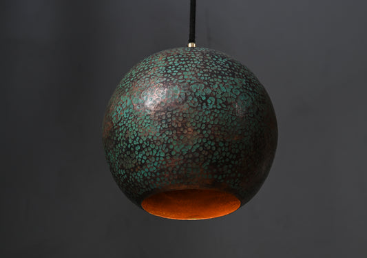 Verdigris Green Copper Ball Pendant Light – Patinated Oxidized Globe Lamp – Rustic Kitchen Island Lighting