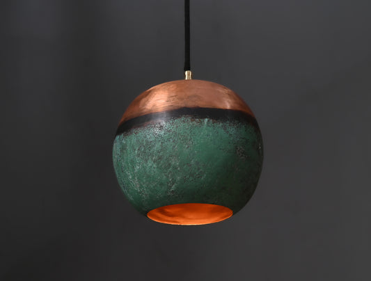 Copper Top & Verdigris Bottom Ball Pendant Light – Two-Tone Patinated Copper Globe – Unique Kitchen Island Lighting