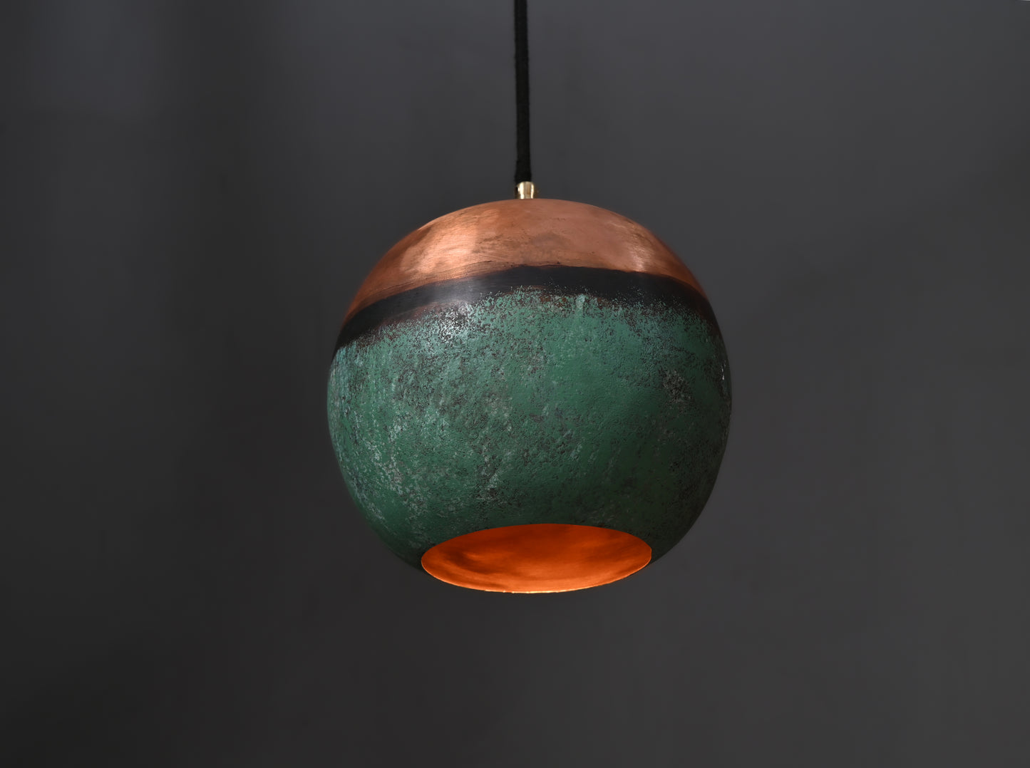 Copper Top & Verdigris Bottom Ball Pendant Light – Two-Tone Patinated Copper Globe – Unique Kitchen Island Lighting