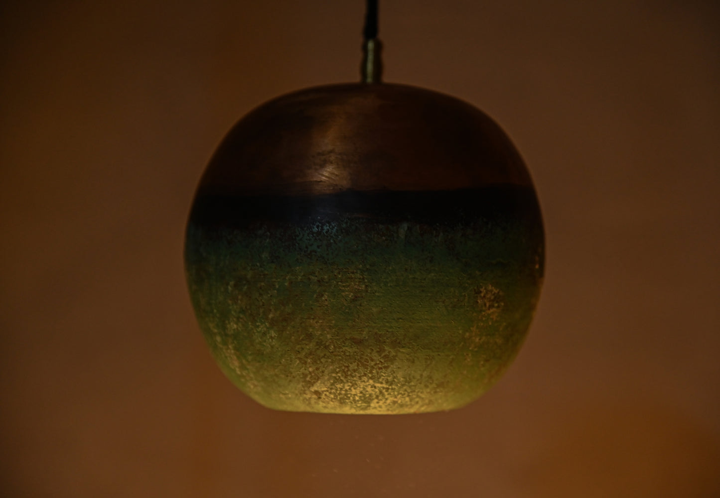 Copper Top & Verdigris Bottom Ball Pendant Light – Two-Tone Patinated Copper Globe – Unique Kitchen Island Lighting