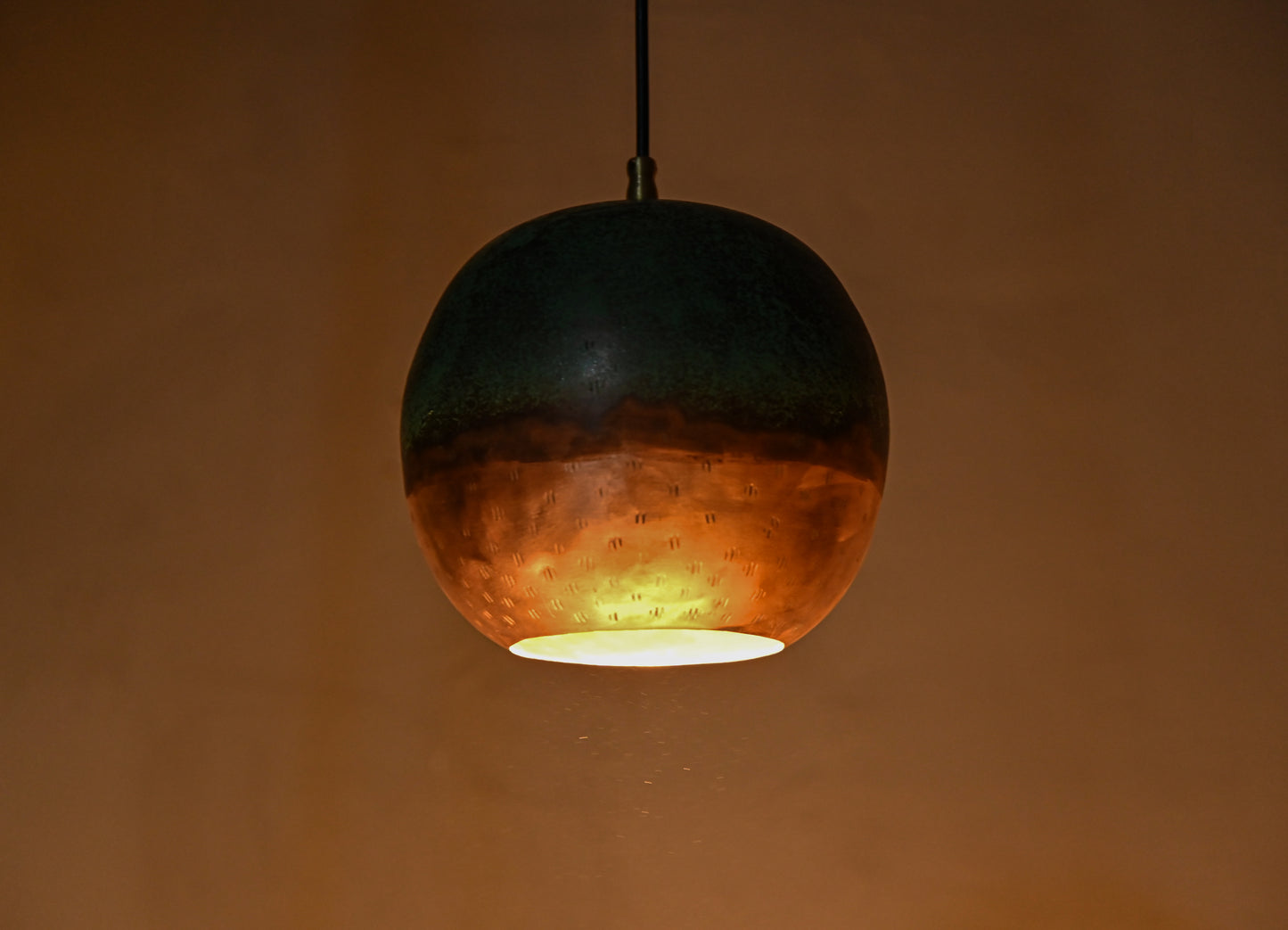 Two-Tone Copper Ball Pendant Light – Half Verdigris Half Raw Copper Globe Lamp – Modern Patinated Lighting