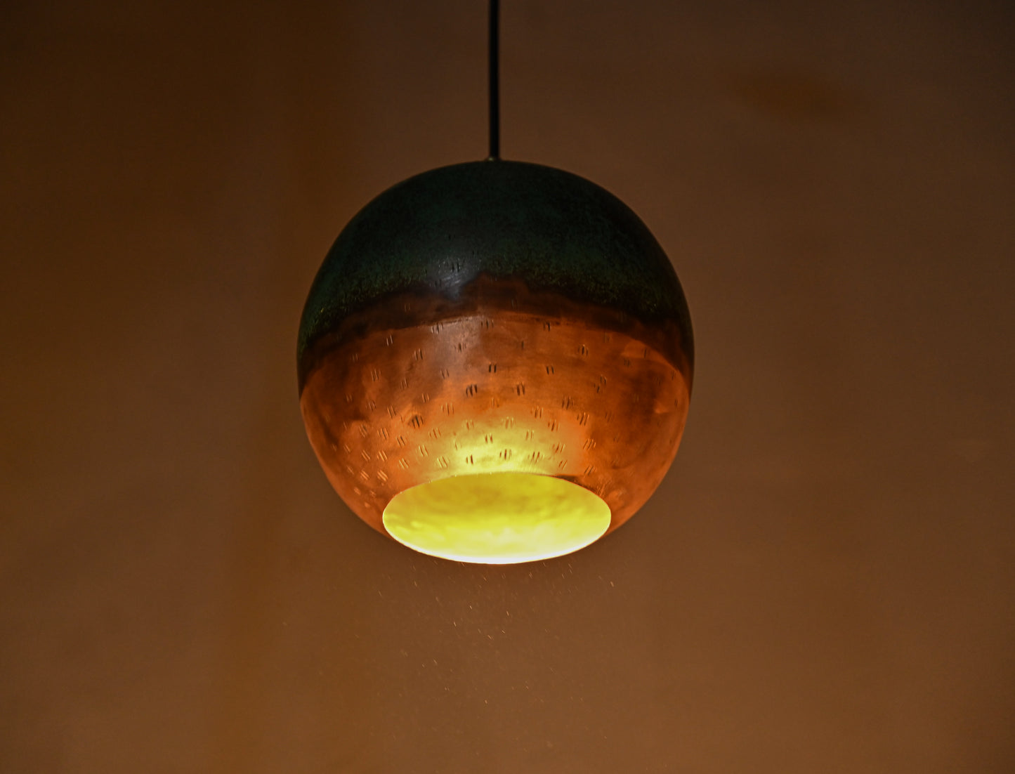 Two-Tone Copper Ball Pendant Light – Half Verdigris Half Raw Copper Globe Lamp – Modern Patinated Lighting