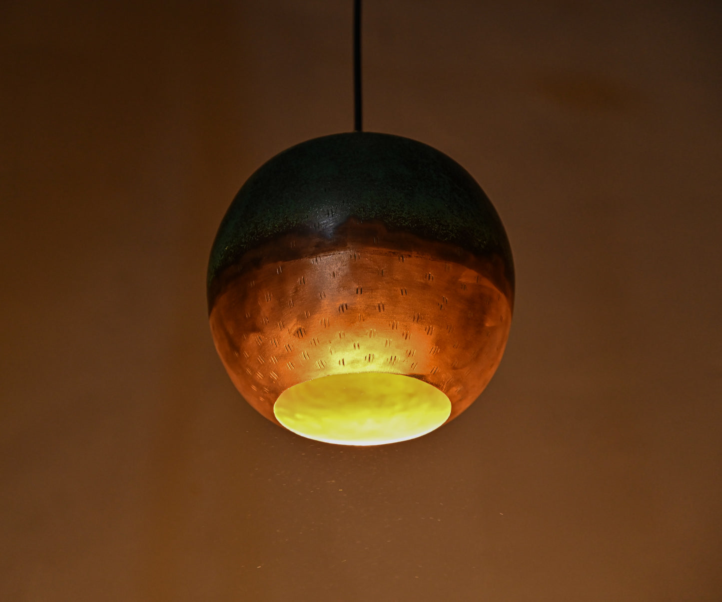 Two-Tone Copper Ball Pendant Light – Half Verdigris Half Raw Copper Globe Lamp – Modern Patinated Lighting