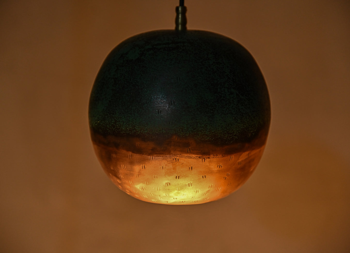 Two-Tone Copper Ball Pendant Light – Half Verdigris Half Raw Copper Globe Lamp – Modern Patinated Lighting