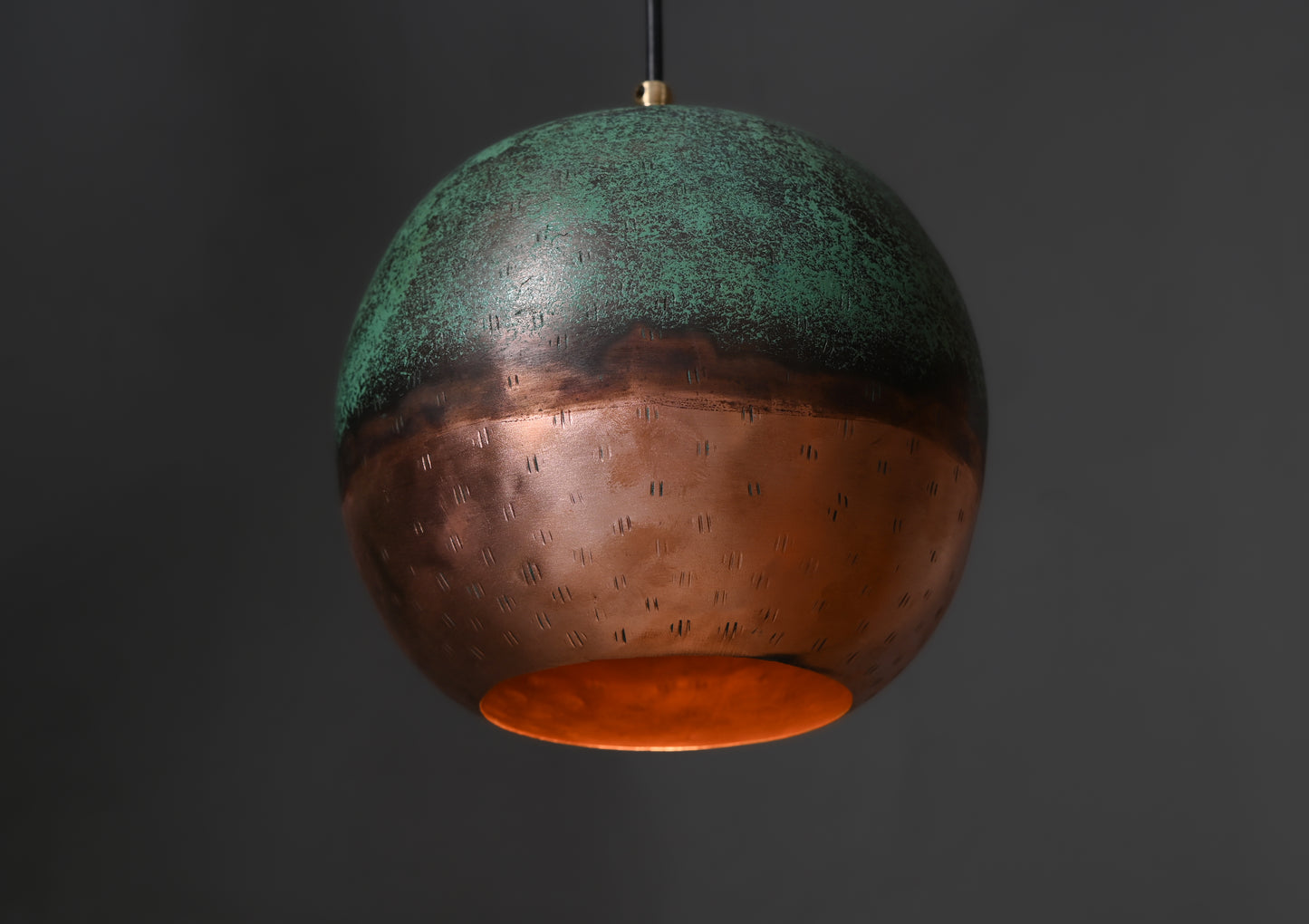 Two-Tone Copper Ball Pendant Light – Half Verdigris Half Raw Copper Globe Lamp – Modern Patinated Lighting