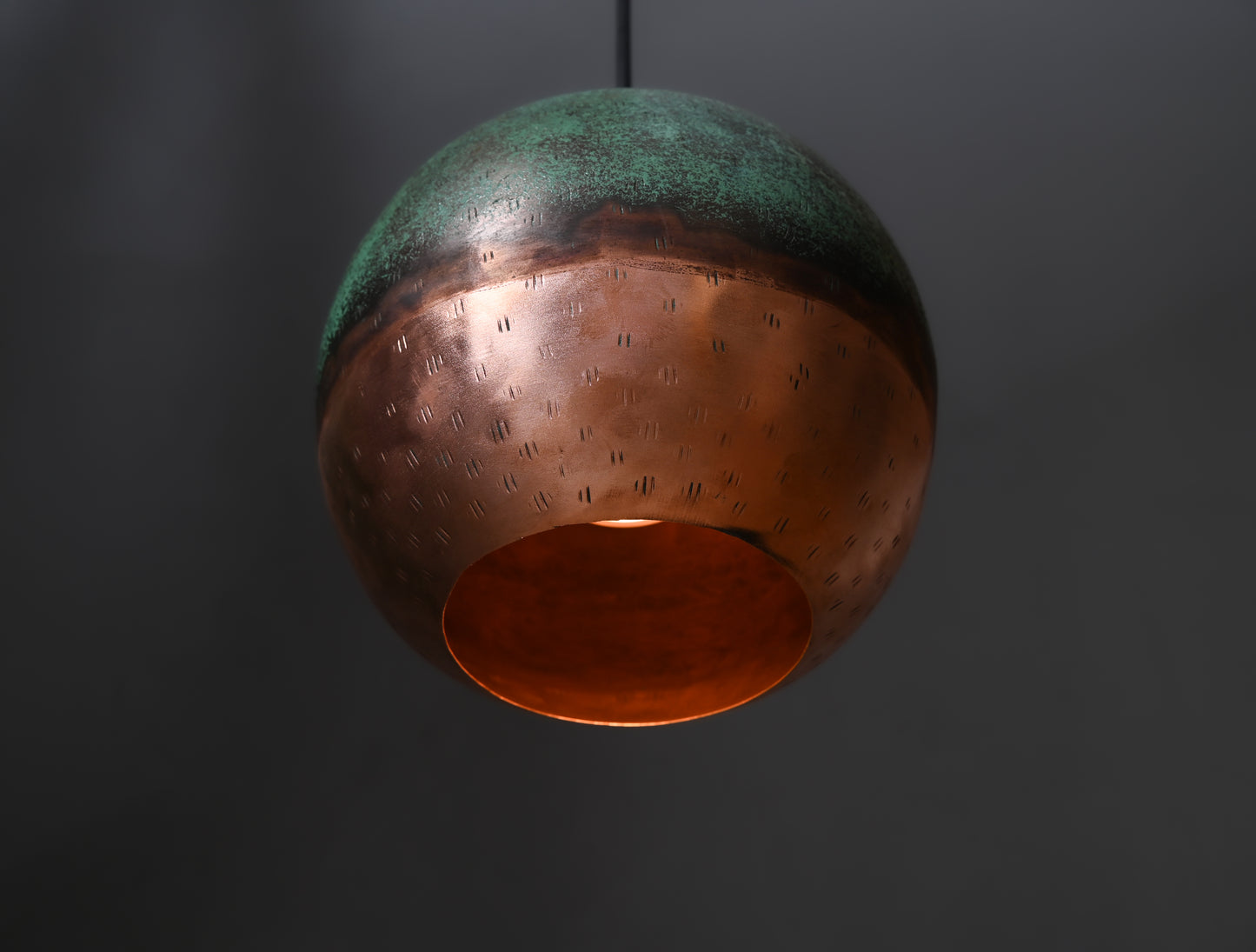 Two-Tone Copper Ball Pendant Light – Half Verdigris Half Raw Copper Globe Lamp – Modern Patinated Lighting