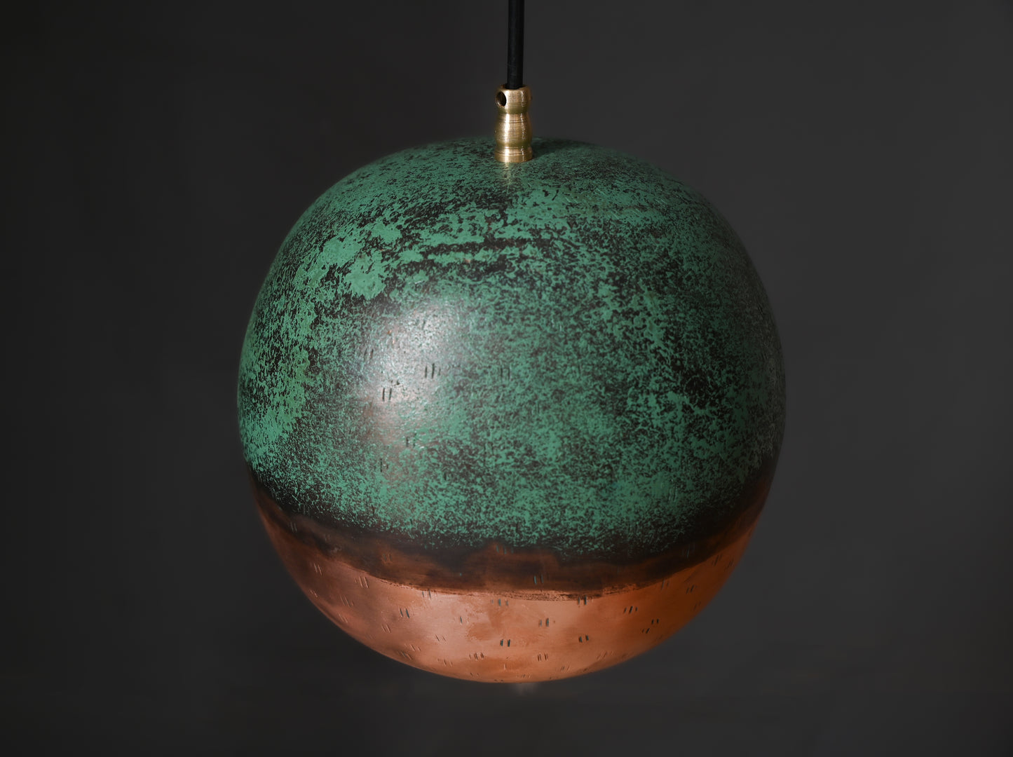 Two-Tone Copper Ball Pendant Light – Half Verdigris Half Raw Copper Globe Lamp – Modern Patinated Lighting