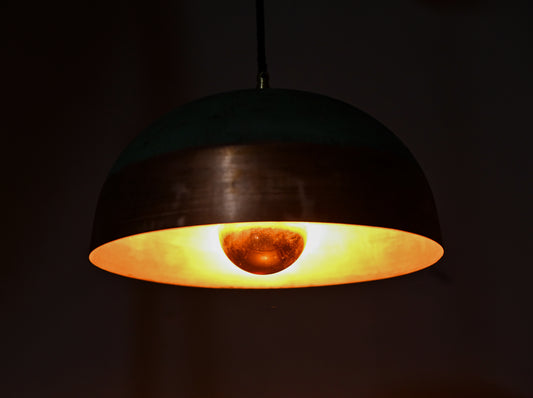 Verdigris & Copper Dome Pendant Light – Two-Tone Patinated Hanging Lamp – Artisan Copper Ceiling Light