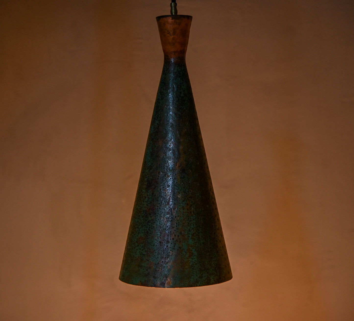 Verdigris Patina Cone Pendant Light – Oxidized Hammered Copper Lamp – Industrial Kitchen Island Lighting