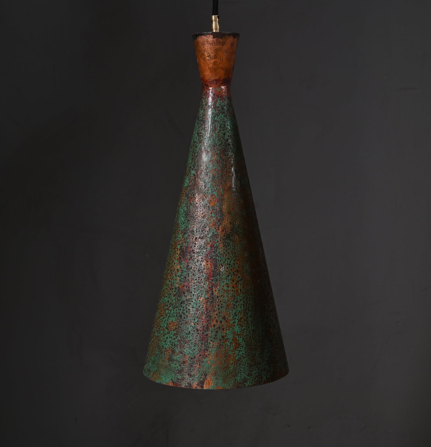 Verdigris Patina Cone Pendant Light – Oxidized Hammered Copper Lamp – Industrial Kitchen Island Lighting