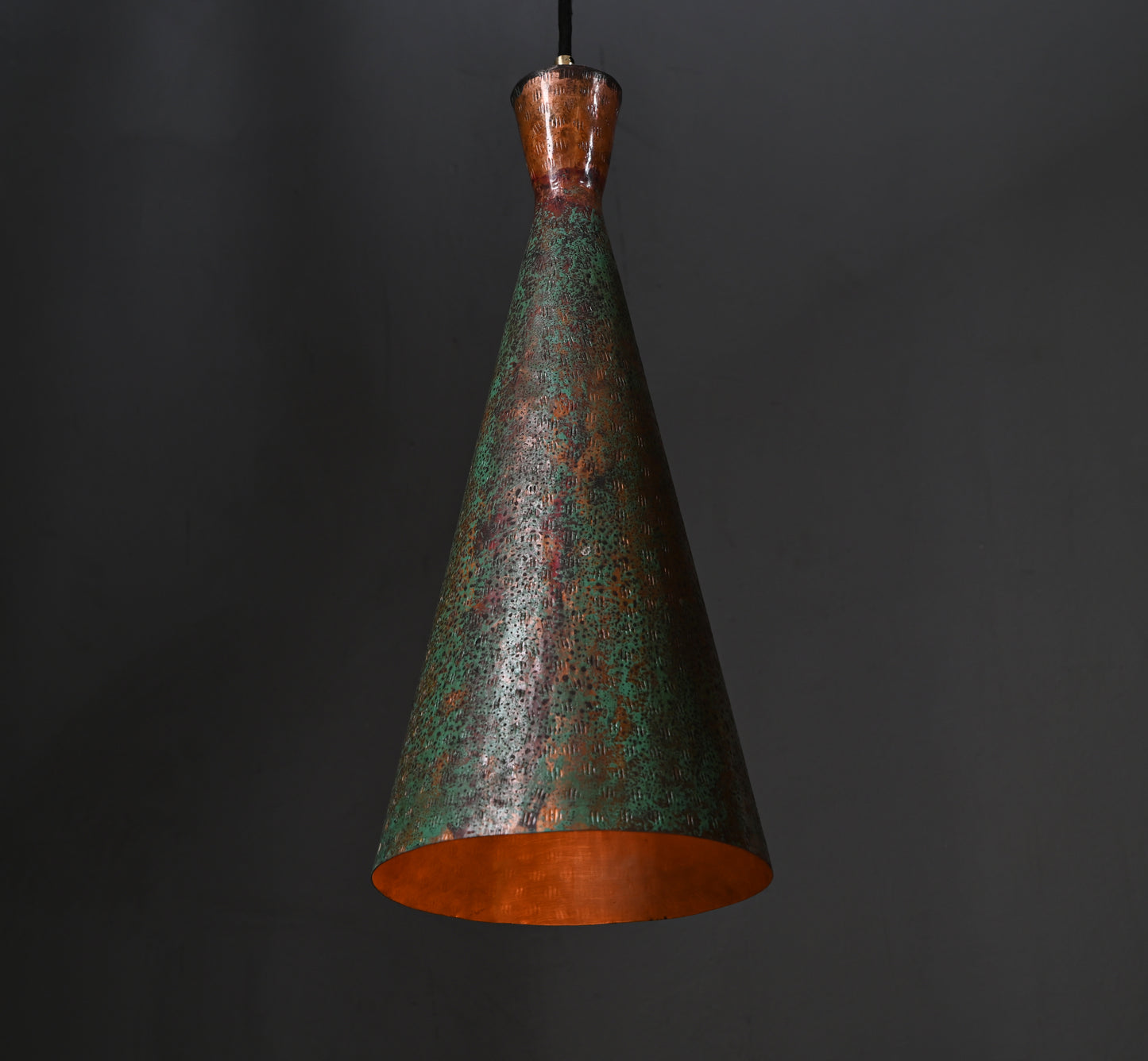 Verdigris Patina Cone Pendant Light – Oxidized Hammered Copper Lamp – Industrial Kitchen Island Lighting