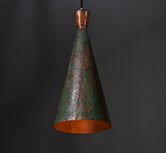 Verdigris Patina Cone Pendant Light – Oxidized Hammered Copper Lamp – Industrial Kitchen Island Lighting