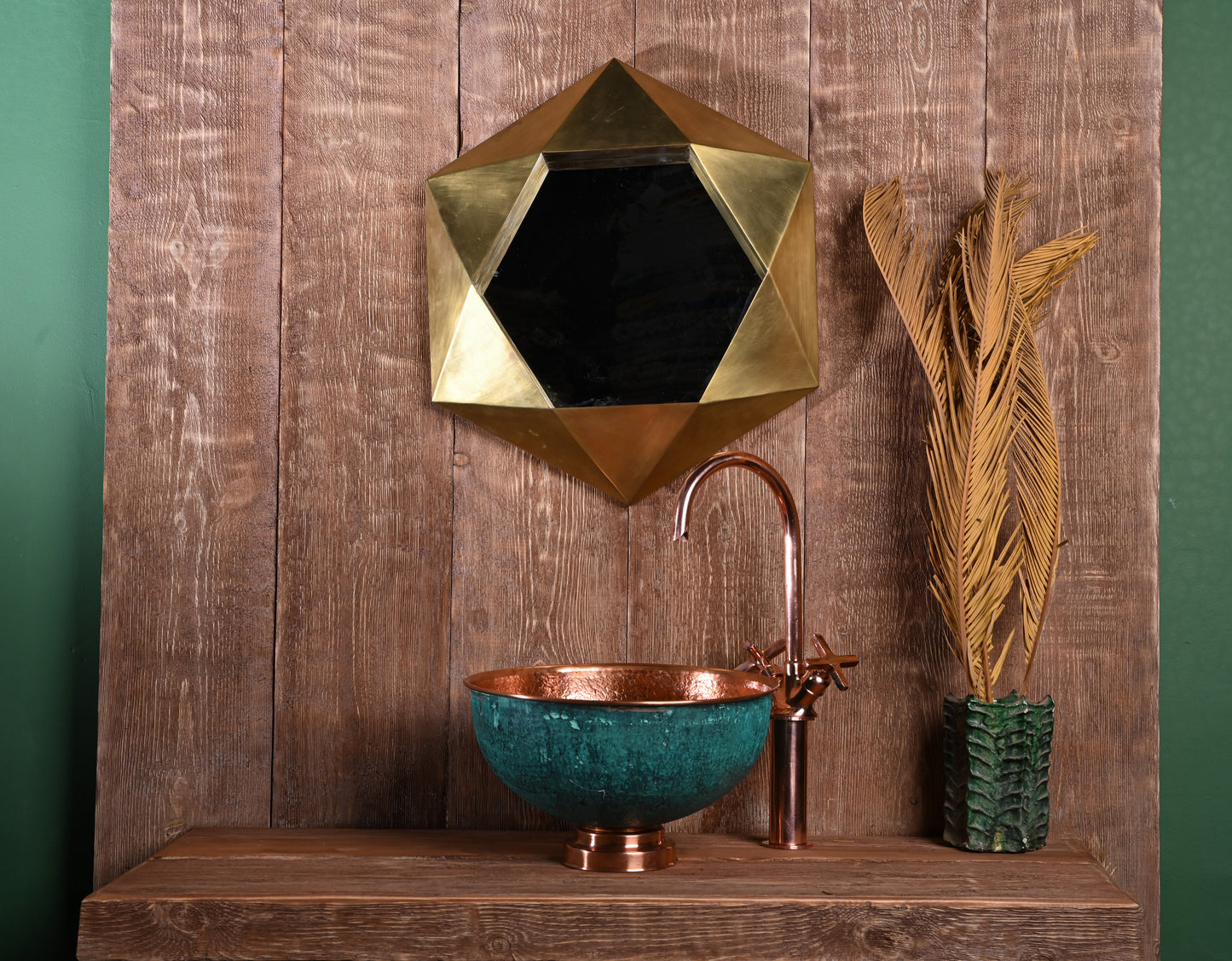 Oxidized Copper Round Sink – Patinated Green Copper Bathroom Basin