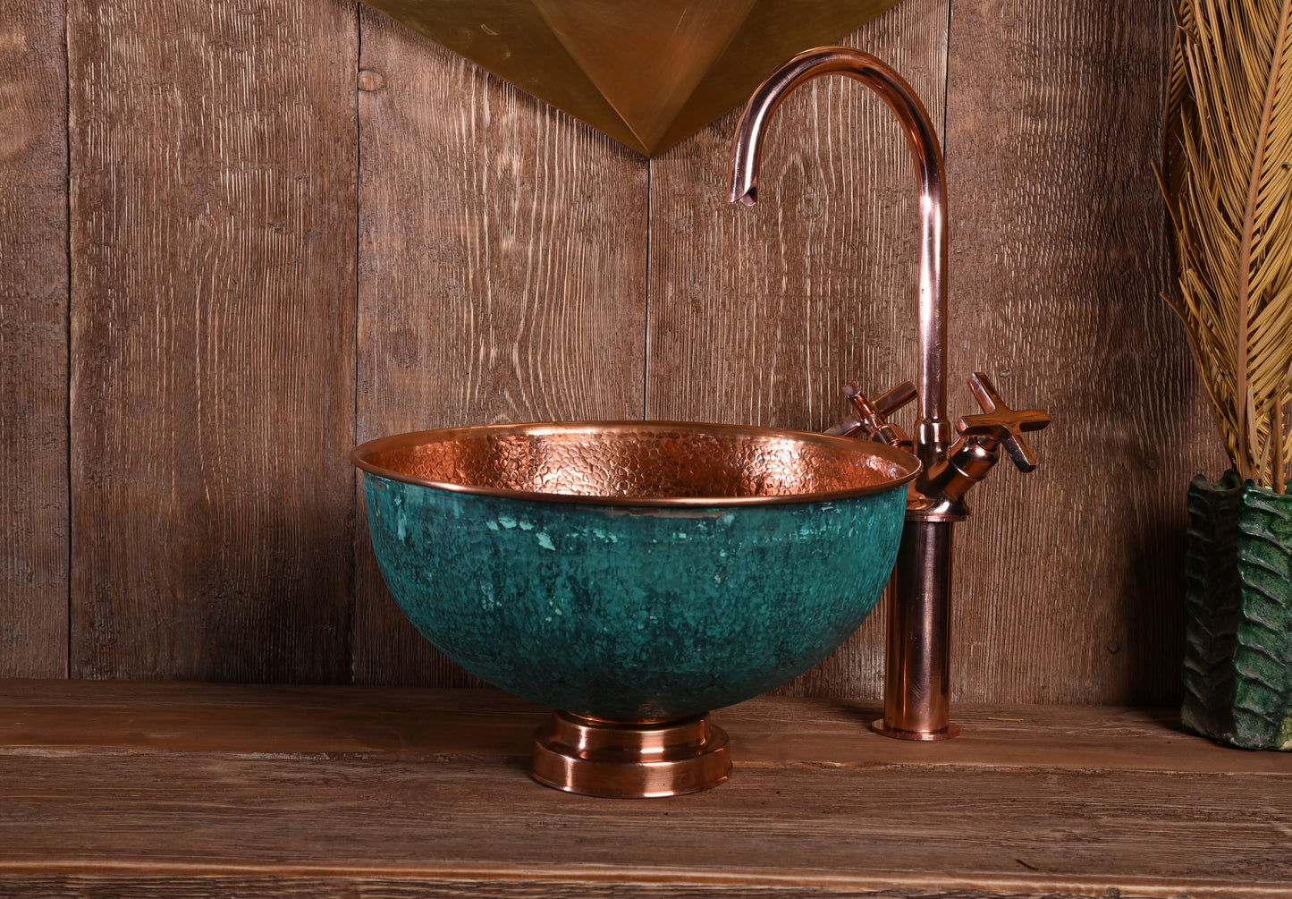 Oxidized Copper Round Sink – Patinated Green Copper Bathroom Basin