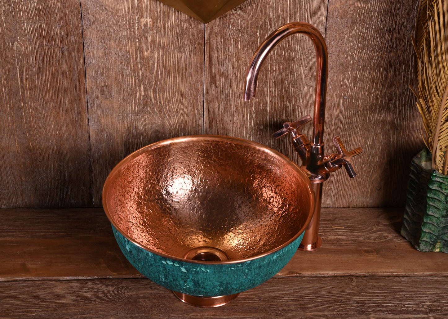 Oxidized Copper Round Sink – Patinated Green Copper Bathroom Basin