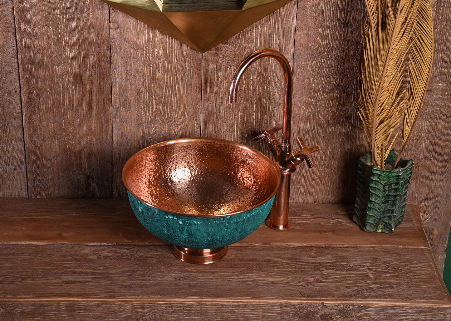 Oxidized Copper Round Sink – Patinated Green Copper Bathroom Basin