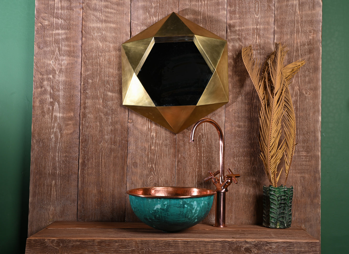 Green Patina Sink – Genuine Copper Basin – Solid Copper Interior Vessel