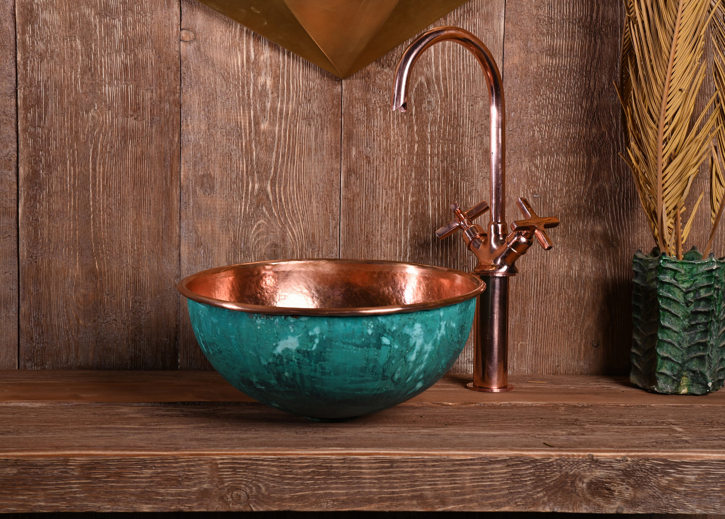 Green Patina Sink – Genuine Copper Basin – Solid Copper Interior Vessel