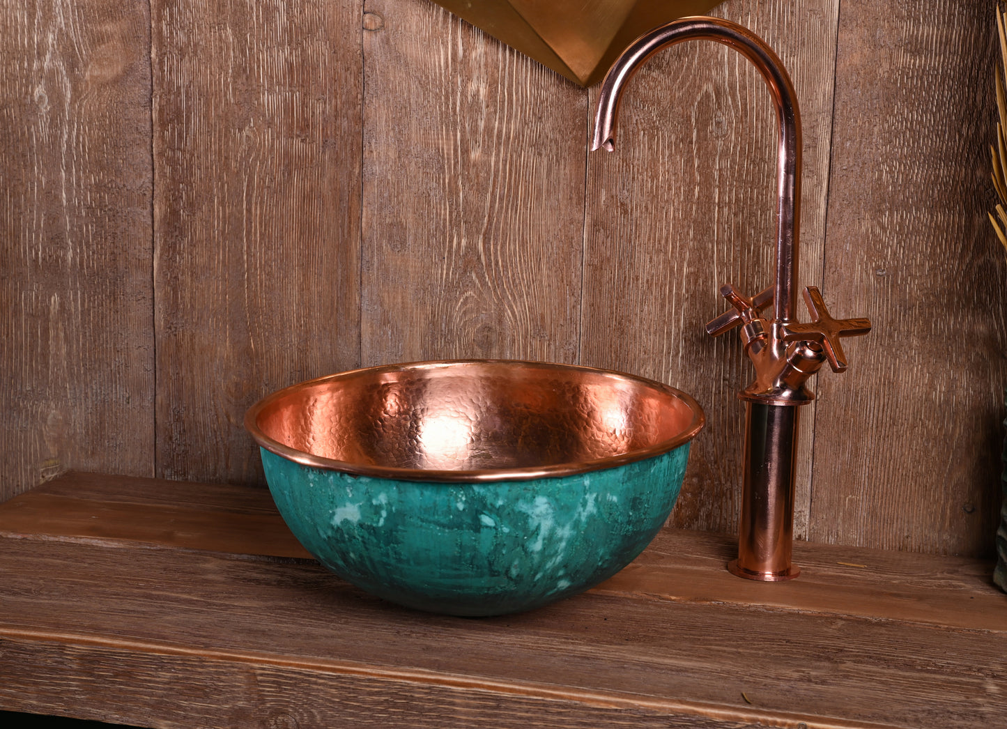 Green Patina Sink – Genuine Copper Basin – Solid Copper Interior Vessel