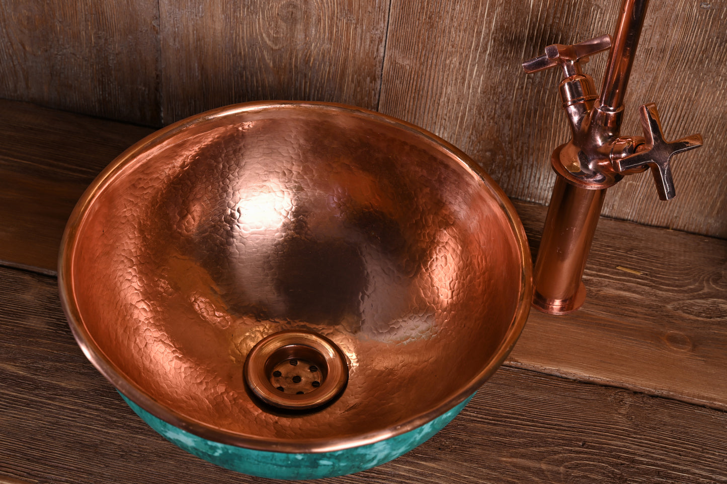 Oxidized Copper Round Sink – Patinated Green Copper Bathroom Basin