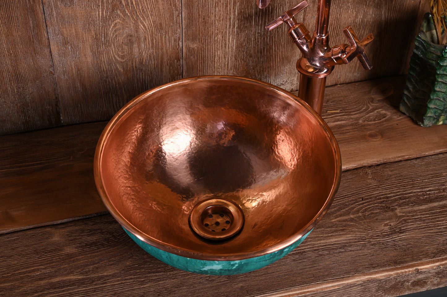 Green Patina Sink – Genuine Copper Basin – Solid Copper Interior Vessel