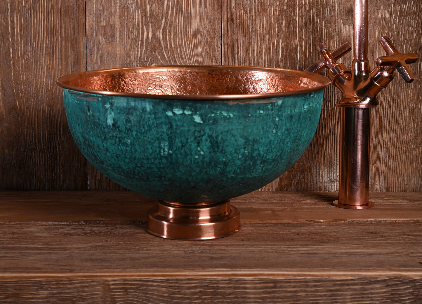 Oxidized Copper Round Sink – Patinated Green Copper Bathroom Basin