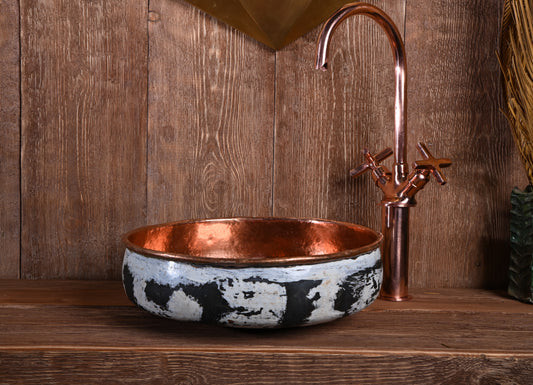 Patinated Copper Basin – Round Copper Sink with White Patina and Hammered Finish