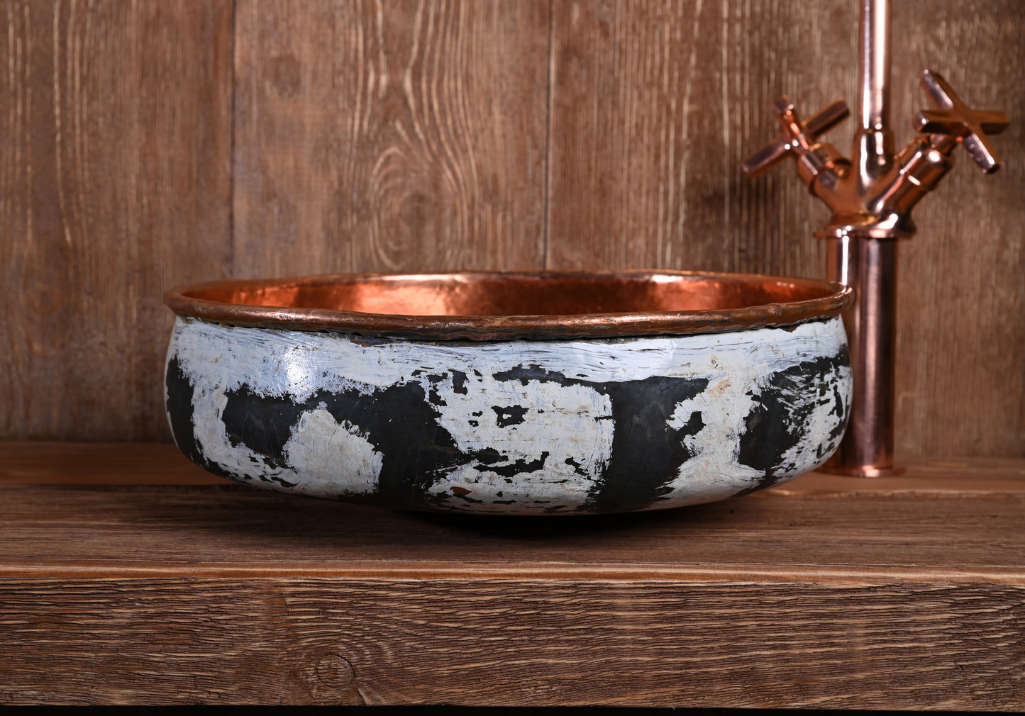 Patinated Copper Basin – Round Copper Sink with White Patina and Hammered Finish