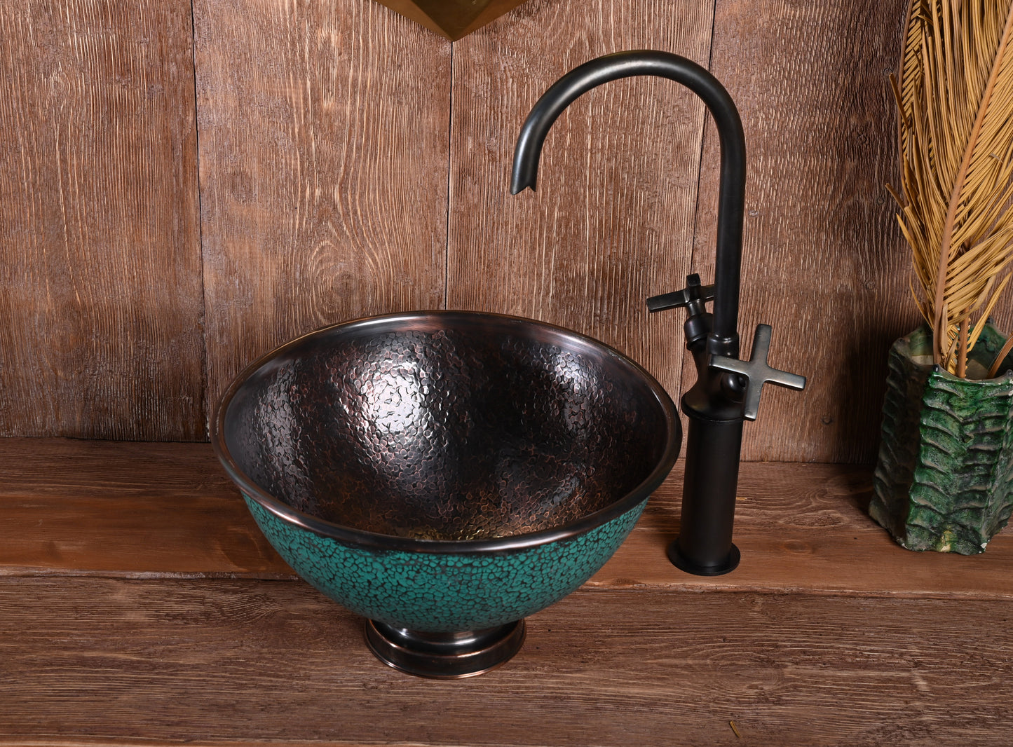 Aged Copper Vessel Sink – Hand-Patinated Round Green Basin for Bathroom