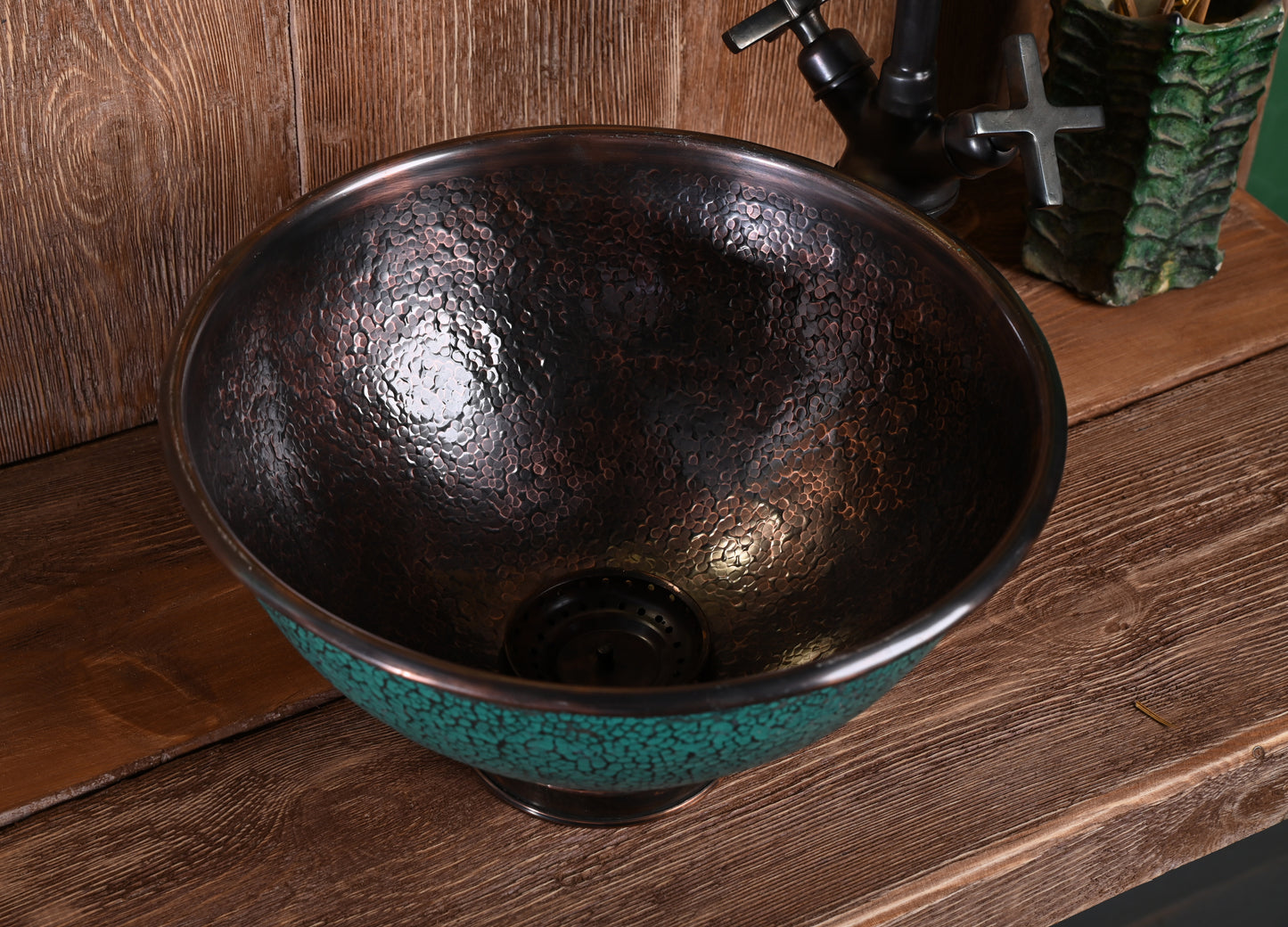 Aged Copper Vessel Sink – Hand-Patinated Round Green Basin for Bathroom
