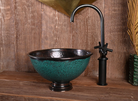 Aged Copper Vessel Sink – Hand-Patinated Round Green Basin for Bathroom