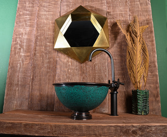Aged Copper Vessel Sink – Hand-Patinated Round Green Basin for Bathroom