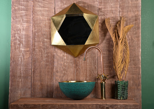 Hammered Brass Sink – Handmade Bathroom Basin with Turquoise Patina