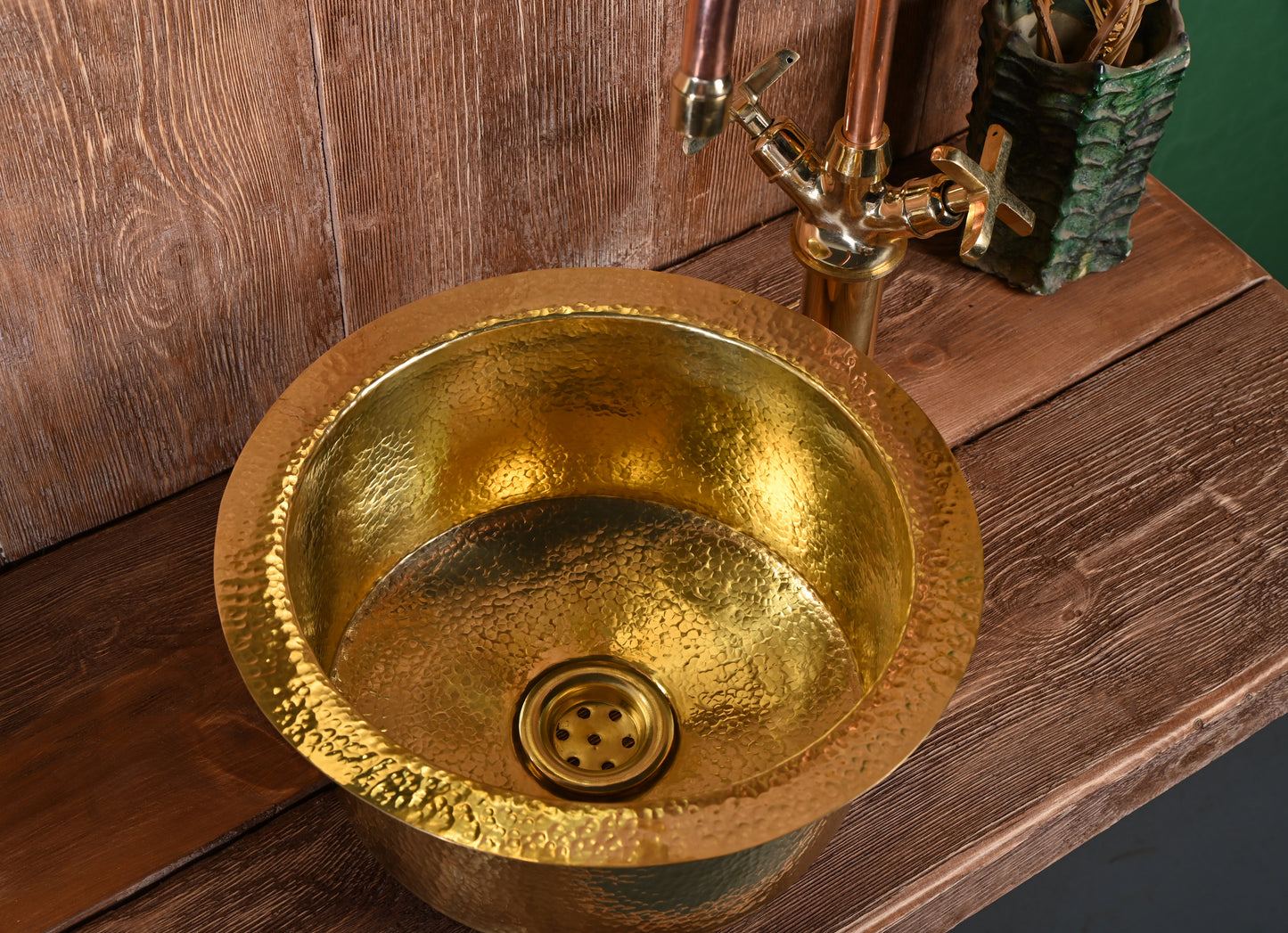 Hand-Hammered Round Brass Sink – Unlacquered Bar Basin with Drain
