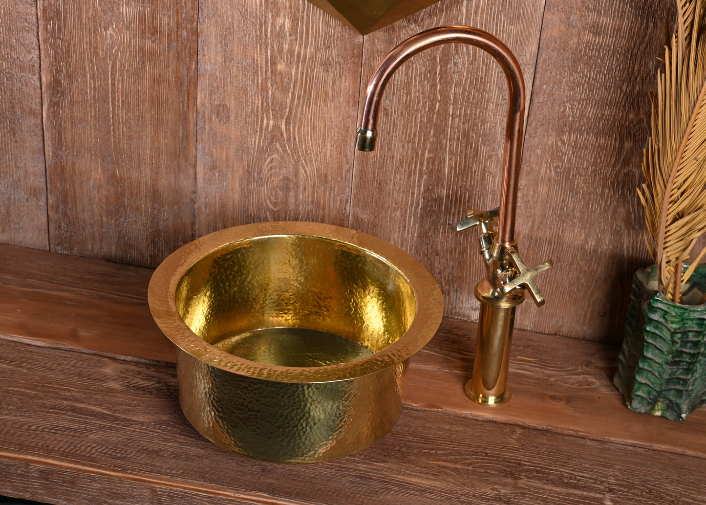 Hand-Hammered Round Brass Sink – Unlacquered Bar Basin with Drain
