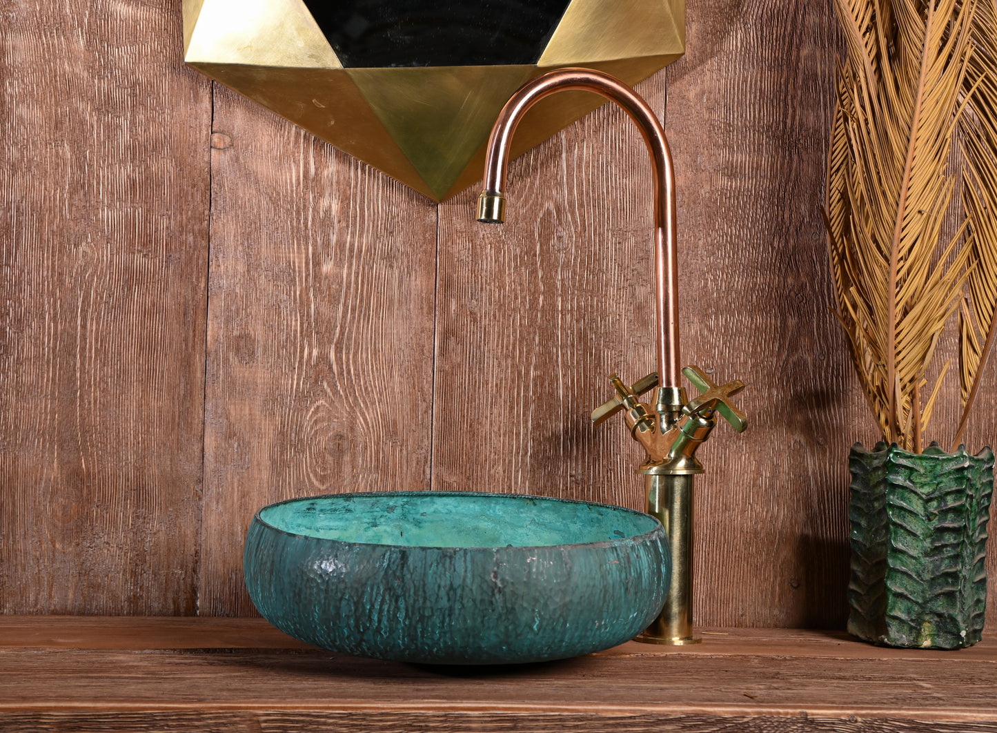 Hammered Verdigris Copper Sink – Turquoise Patina Basin for Bathroom