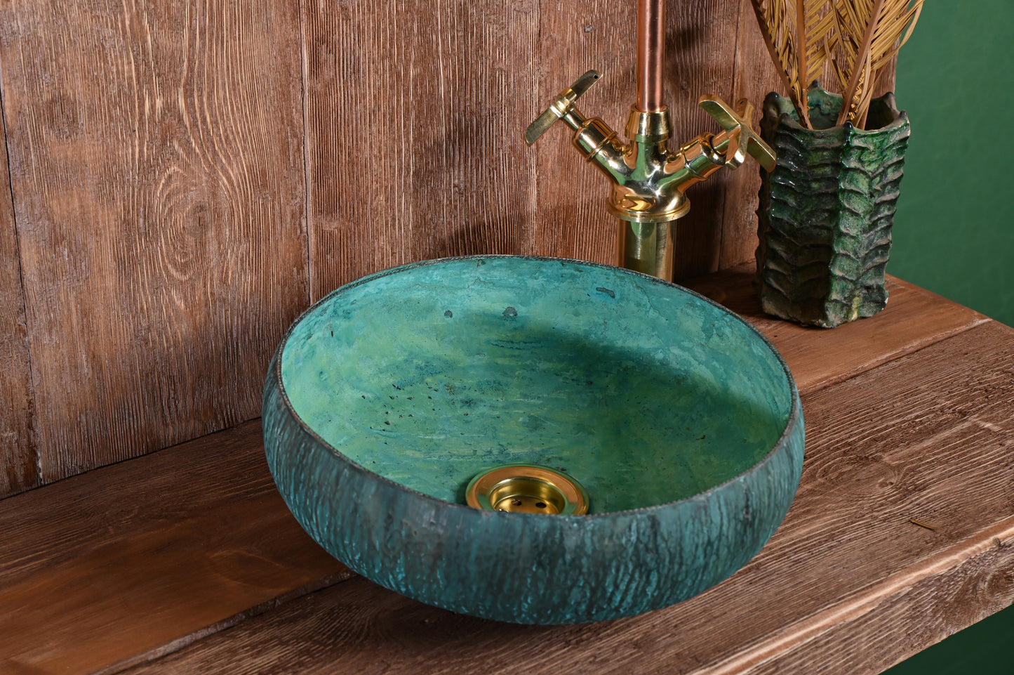 Hammered Verdigris Copper Sink – Turquoise Patina Basin for Bathroom