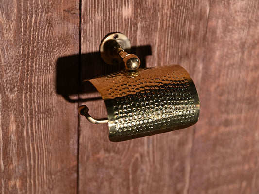 Handcrafted Hammered Brass Toilet Paper Holder with Textured Wall Mount – Rustic Unlacquered Bathroom Fixture